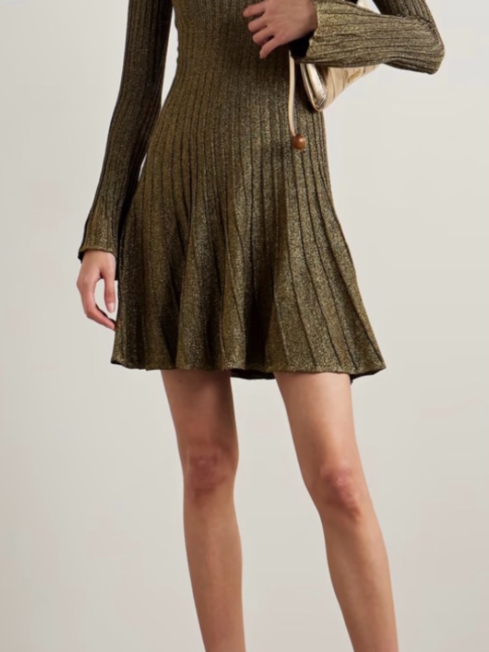 STAUD NWT Ribbed Metallic Long-Sleeve Knit Dress in Olive Gold - Picture 9 of 9